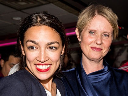 NEW YORK, NY - JUNE 26: Progressive challenger Alexandria Ocasio-Cortez is joined by New York gubenatorial candidate Cynthia Nixon at her victory party in the Bronx after upsetting incumbent Democratic Representative Joseph Crowly on June 26, 2018 in New York City. Ocasio-Cortez upset Rep. Joseph Crowley in New York’s 14th …