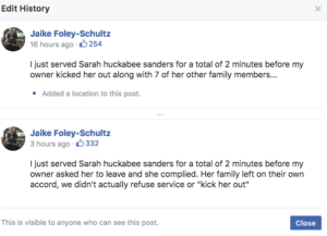 Jaike Foley-Schultz posts on Facebook about Sarah Sanders being kicked out of a Virginia restaurant.