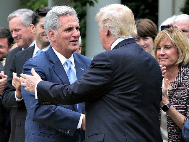 WASHINGTON, DC - MAY 04: U.S. President Donald Trump (R) greets House Majority Leader Rep. Kevin McCarthy (R-CA) (L) during a Rose Garden event May 4, 2017 at the White House in Washington, DC. The House has passed the American Health Care Act that will replace the Obama era's Affordable Healthcare Act with a vote of 217-213.