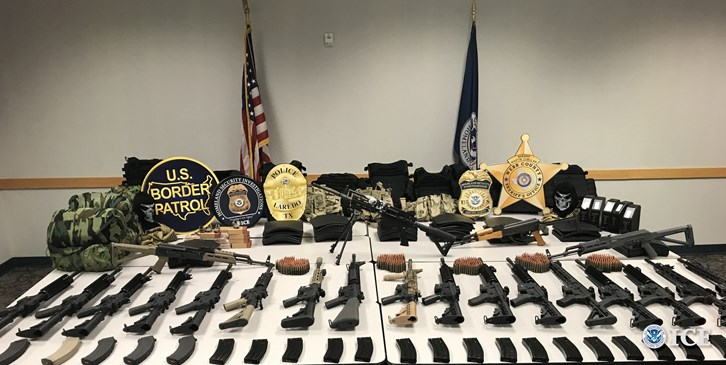 ICE HSI agents and other law enforcement agencies seized a large cache of weapons, ammunition, and body armor in Laredo, Texas. (Photo: ICE Homeland Security Investigations)