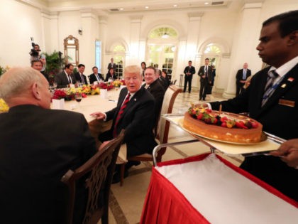 U.S. President Donald Trump (C) participates in a working luncheon hosted by Singapore's Prime Minister Lee Hsien Loong (L) at the Istana, Singapore on June 11, 2018. Officials from both delegations also attended the luncheon. (Photo by Ministry of Communications and Information, Republic of Singapore / Handout/Anadolu Agency/Getty Images)