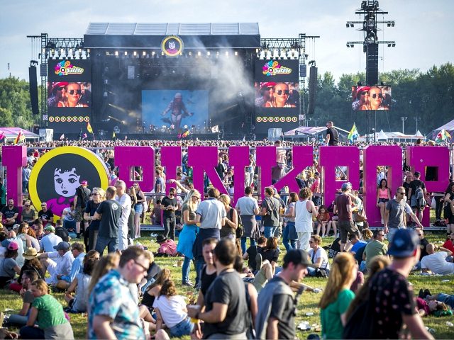 Festival goers gather during the first day of the music festival Pinkpop, at Landgraaf on