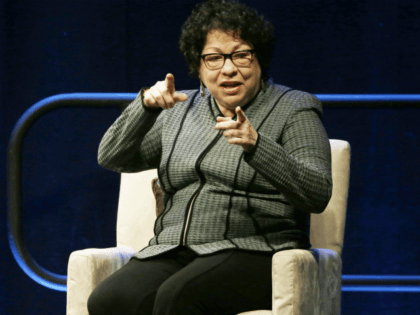 In this Feb. 7, 2018, file photo, Supreme Court Justice Sonia Sotomayor speaks during an appearance at Brown University in Providence, R.I. Sotomayor was only following the lead of her chief during Tuesday’s arguments over crisis pregnancy centers when she said she visited the website of one of the centers …