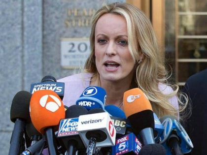 In this April 16, 2018, file photo, adult film actress Stormy Daniels speaks outside feder