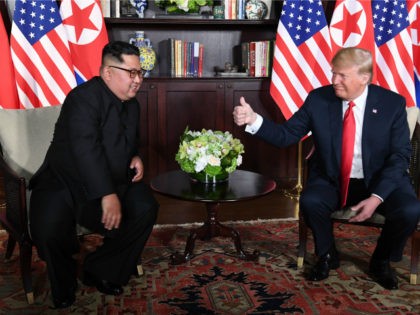 US President Donald Trump (R) gives a thumbs up as he sits down with North Korea's leader Kim Jong Un (L) for their historic US-North Korea summit, at the Capella Hotel on Sentosa island in Singapore on June 12, 2018. - Donald Trump and Kim Jong Un have become on …