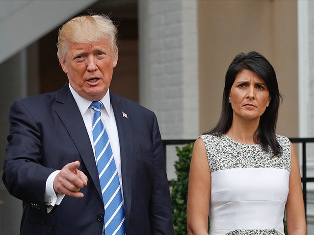 President Donald Trump speaks as U.S. Ambassador to the United Nations Nikki Haley and nat