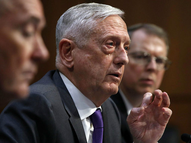 Defense Secretary Jim Mattis, center, attends a hearing on the Department of Defense budge