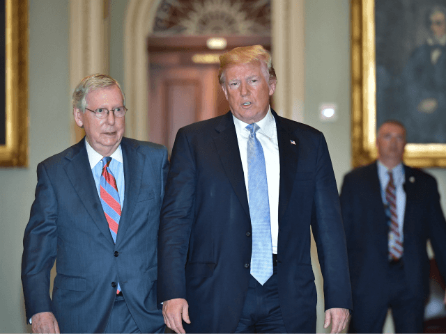 US President Donald Trump and US Senate Majority Leader Mitch McConnell make their way to a Senate Republican policy lunch at the US Capitol in Washington, DC on May 15, 2018. (Photo by MANDEL NGAN / AFP) (Photo credit should read MANDEL NGAN/AFP/Getty Images)