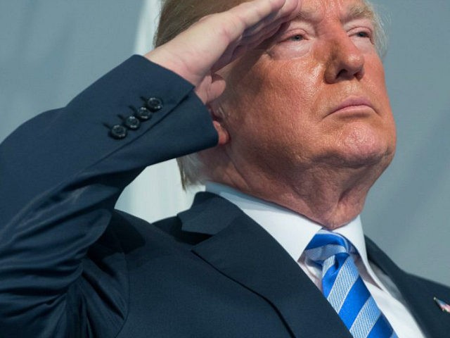 US President Donald Trump salutes during a Change of Command ceremony as Admiral Karl Schu