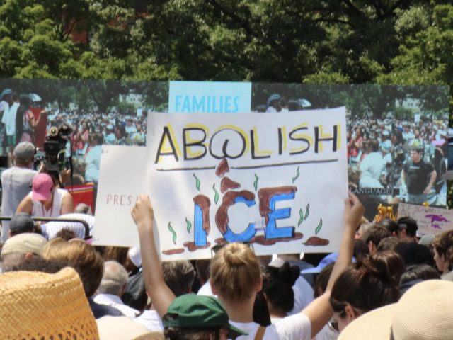 A sign with the words "Abolish ICE" depicting someone's rear end defecating on the word "ICE" in an apparent insult to the immigration enforcement agency. (Credit: Michelle Moons/Breitbart News)