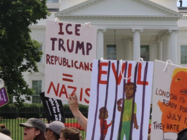 This sign holder displayed the extreme accusation in front of the White House (Credit: Michelle Moons/Breitbart News)