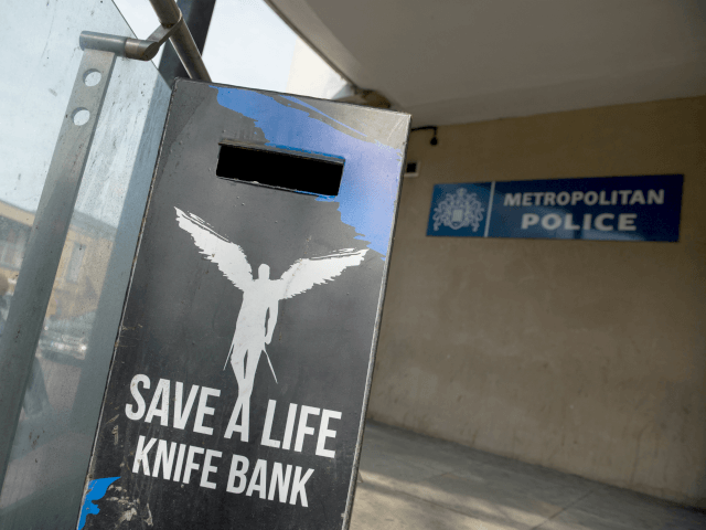 LONDON, ENGLAND - APRIL 07: A knife bank is seen outside Brixton police station, as extra police officers have been deployed after a recent rise in killings in the capital on April 7, 2018 in London, England. An additional 300 police officers have been deployed in the British capital following …