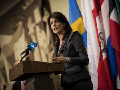 U.S. ambassador to the United Nations Nikki Haley speaks during a brief press availability