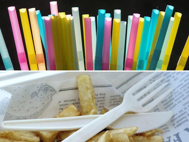 Plastic straws and a plastic fork and knife.