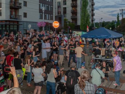 PORTLAND, CA - JUNE 19: A loud cheer comes out the moments of silence at the end of the vigil at OccupyICEPDX, just in front of the ICE Portland Headquarters in SW Maccadam on June 19, 2018, in Portland, OR. (Photo by Diego G Diaz/Icon Sportswire via Getty Images)