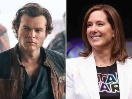 Alden Ehrenreich as Han Solo in "Solo: A Star Wars Story" and Lucasfilm executive Kathleen Kennedy.