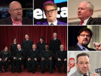supreme-court-never-trumpers Never Trump pundits Rick Wilson, Joe Scarborough, Bill Kristol, Jonah Goldberg, and David Frum. Bottom left: the U.S. Supreme Court.