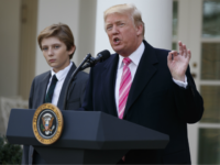Barron Trump listens as President Donald Trump speaks during the National Thanksgiving Turkey Pardoning Ceremony in the Rose Garden of the White House, Tuesday, Nov. 21, 2017, in Washington. (AP Photo/Evan Vucci)