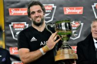Captain Sam Whitelock lifted the Dave Gallaher Trophy after the All Blacks won the second Test last week. second rugby Test match between New Zealand and France at Westpac Stadium in Wellington on June 16, 2018.