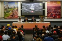 Peru's Environment Minister Fabiola Munoz (left) and other officials addressing a press conference on the 2019 Dakar Rally