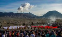 Each year people from the Tengger tribe gather from the surrounding highlands to cast fruit, vegetables, flowers, and even livestock such as goats and chickens into Mount Bromo's smoking crater as part of the Yadnya Kasada festival