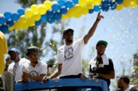 Kevin Durant celebrates during the Golden State Warriors' victory parade in Oakland, California, on June 12, 2018