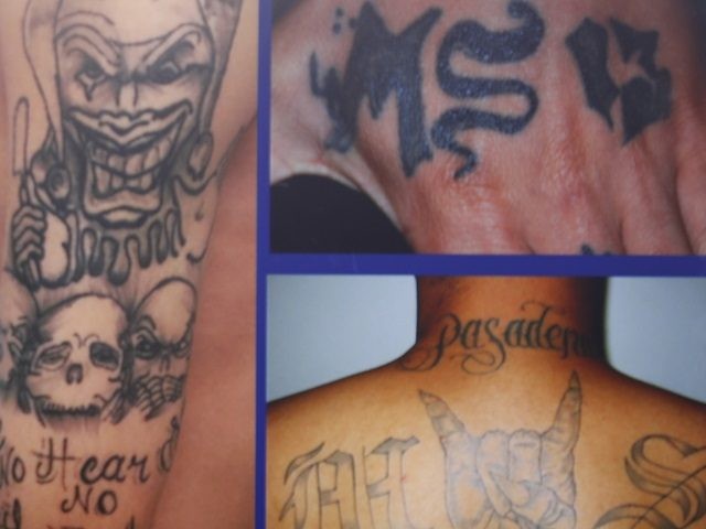 White House press secretary Sarah Huckabee Sanders stands in front of pictures of MS-13 gang tattoos during a press briefing at the White House in Washington, Thursday, July 27, 2017. (AP Photo/Alex Brandon)