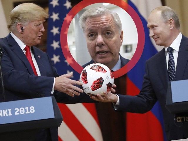 Russian President Vladimir Putin gives a soccer ball to U.S. President Donald Trump, left, during a press conference after their meeting at the Presidential Palace in Helsinki, Finland, Monday, July 16, 2018. (AP Photo/Alexander Zemlianichenko)
