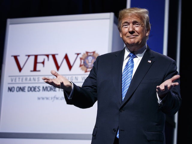 President Donald Trump arrives to speak during the Veterans of Foreign Wars of the United States National Convention on, Tuesday, July 24, 2018, in Kansas City, Mo. (AP Photo/Evan Vucci)