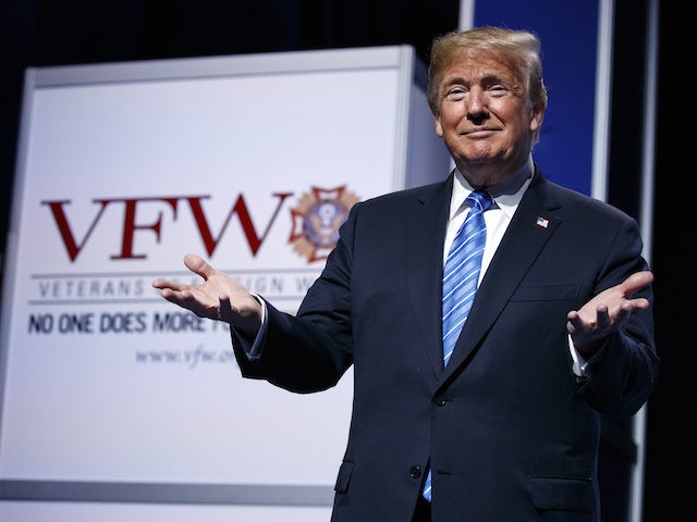 President Donald Trump arrives to speak during the Veterans of Foreign Wars of the United