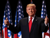 Donald Trump CLEVELAND, OH - JULY 21: Republican presidential candidate Donald Trump gives two thumbs up to the crowd during the evening session on the fourth day of the Republican National Convention on July 21, 2016 at the Quicken Loans Arena in Cleveland, Ohio. Republican presidential candidate Donald Trump received the number …