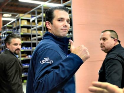 LAS VEGAS, NV - NOVEMBER 03: Donald Trump Jr. gives a thumbs-up after a get-out-the-vote rally for his father, Republican presidential nominee Donald Trump, at Ahern Manufacturing on November 3, 2016 in Las Vegas, Nevada. Trump Jr. urged people to vote for his father during early voting, which ends on …