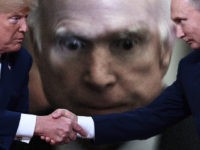 TOPSHOT-FINLAND-US-RUSSIA-POLITICS-DIPLOMACY-SUMMIT TOPSHOT - US President Donald Trump (L) and Russian President Vladimir Putin shake hands ahead a meeting in Helsinki, on July 16, 2018. (Photo by Brendan Smialowski / AFP) (Photo credit should read BRENDAN SMIALOWSKI/AFP/Getty Images)
