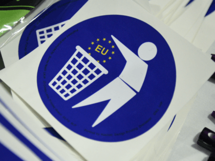 Anti-EU stickers are displayed for sale to delegates attending the UKIP Spring Conference