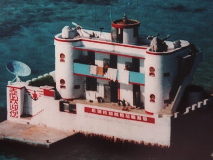 SPRATLY ISLANDS:This undated photograph taken in late 1998 by a Philippine Air Force reconaissance plane and released by the Philippine military Western Command 20 March 1999 shows a two-storey Chinese garrison built in the disputed Johnson Reef, armed with naval guns on the rooftop located in the disputed Spratly islands …
