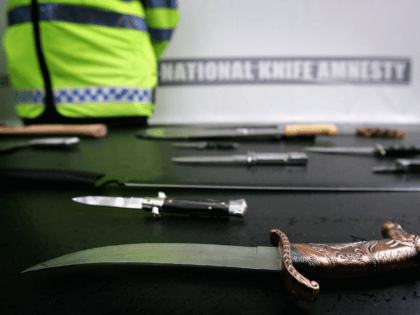 LONDON - MAY 24: A selection of knives are displayed during the launch of national knife amnesty on May 24, 2006 in London, England. The first national knife amnesty for over 10 years begins tomorrow as people are encouraged to hand over their knives to their local police. Until 30 …
