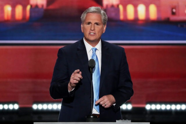 CLEVELAND, OH - JULY 19: U.S. House Majority Leader Rep. Kevin McCarthy (R-CA) delivers a speech on the second day of the Republican National Convention on July 19, 2016 at the Quicken Loans Arena in Cleveland, Ohio. Republican presidential candidate Donald Trump received the number of votes needed to secure …
