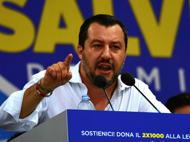 Italys Interior Minister and Deputy Prime Minister Matteo Salvini speaks during for the annual meeting of Italy's far-right Lega Nord (North League) in Pontida, northeast Milan, on July 1, 2018. (Photo by MIGUEL MEDINA / AFP) (Photo credit should read MIGUEL MEDINA/AFP/Getty Images)