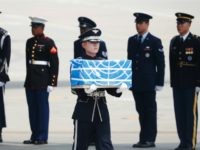 A soldier carries a casket containing a remain of a U.S. soldier who were killed in the Korean War during a ceremony at Osan Air Base on July 27, 2018 in Pyeongtaek, South Korea. North Korea returned the remains of some U.S. soldiers who died during the 1950-53 Korean War …