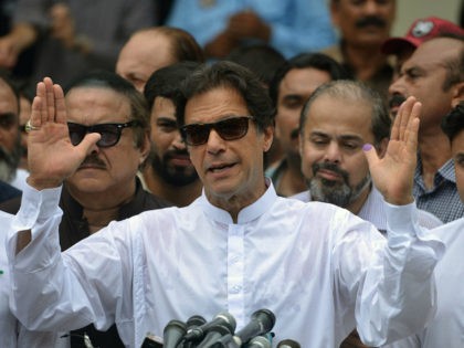 TOPSHOT - Pakistan's cricketer-turned politician Imran Khan of the Pakistan Tehreek-e-Insa