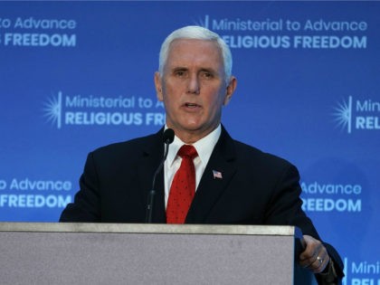 U.S. Vice President Mike Pence speaks during the first-ever Ministerial to Advance Religious Freedom July 26, 2018 at the U.S. Department of State in Washington, D.C. Secretary of State Michael Pompeo hosts 'government officials, representatives of international organizations, religious leaders, rights advocates, and members of civil society organizations from around …