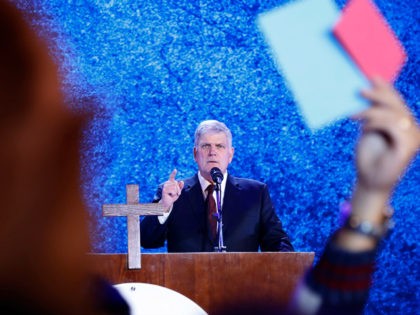 In this Friday, Dec. 8, 2017, file photo, evangelical preacher Franklin Graham speaks in Hanoi, Vietnam. Graham says he is coming to Berkeley, Calif., Friday, June 1, 2018, in peace and in a longshot attempt to sway some voters to support evangelic Christian candidates. The outspoken supporter of President Donald …