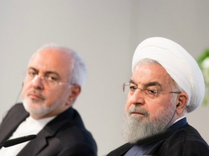 Iranian President Hassan Rouhani (R) and Mohammad Javad Zarif, Iran's foreign secretary, at the Austrian Chamber of Commerce on July 4, 2018 in Vienna, Austria. Rouhani is on a one-day visit to Austria, during which he is meeting with President van der Bellen and Chancellor Kurz and will attend an …