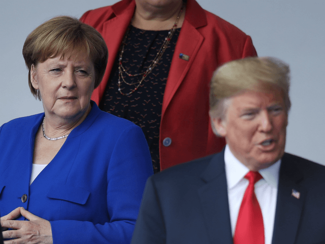 BRUSSELS, BELGIUM - JULY 11: German Chancellor Angela Merkel and U.S. President Donald Trump attend the opening ceremony at the 2018 NATO Summit at NATO headquarters on July 11, 2018 in Brussels, Belgium. Leaders from NATO member and partner states are meeting for a two-day summit, which is being overshadowed …