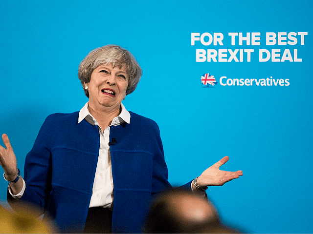 WOLVERHAMPTON, ENGLAND - MAY 30: Prime Minister Theresa May speaks at a campaign rally at