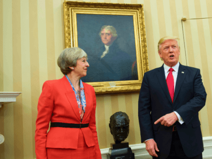 British Prime Minister Theresa May (L) and US President Donald Trump meet beside a bust of former British Prime Minister Winston Churchill in the Oval Office of the White House on January 27, 2017 in Washington, DC. / AFP / Brendan Smialowski (Photo credit should read BRENDAN SMIALOWSKI/AFP/Getty Images)