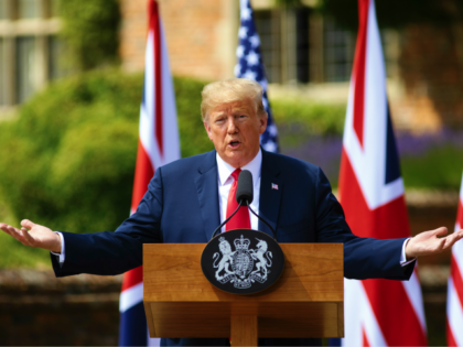 AYLESBURY, ENGLAND - JULY 13: Prime Minister Theresa May and U.S. President Donald Trump h