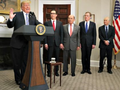President Trump announces tariffs on steel and aluminum earlier this month, flanked by Steven Mnuchin, Wilbur Ross, Robert Lighthizer, and Peter Navarro.