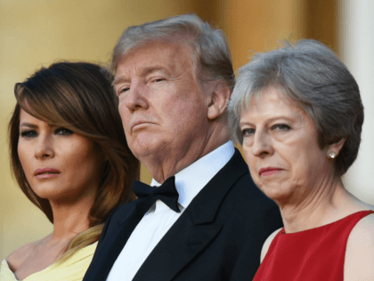 WOODSTOCK, ENGLAND - JULY 12: Britain's Prime Minister Theresa May and her husband Philip May greet U.S. President Donald Trump, First Lady Melania Trump at Blenheim Palace on July 12, 2018 in Woodstock, England. Blenheim Palace is the birth place of the great wartime British Prime Minister, Winston Churchill, of …