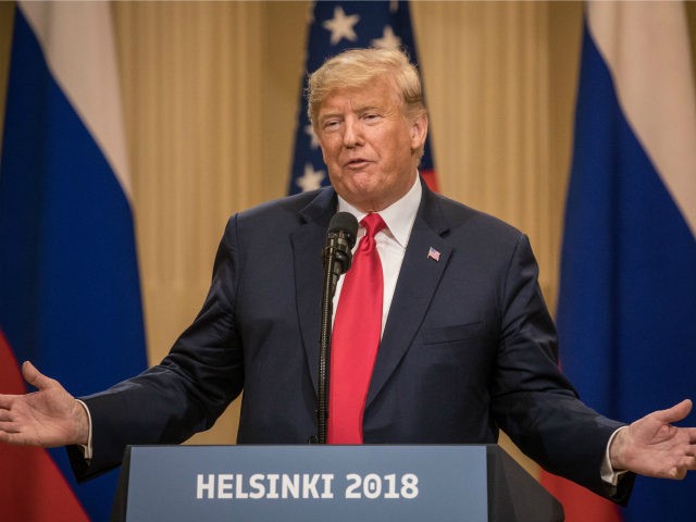 President Donald Trump answers questions about the 2016 U.S Election collusion during a joint press conference with Russian President Vladimir Putin after their summit on July 16, 2018 in Helsinki, Finland. The two leaders met one-on-one and discussed a range of issues including the 2016 U.S Election collusion. (Photo by …